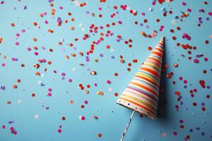 Colorful party hat and confetti scattered on a bright blue background for a festive celebration photo