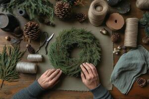 Crafting a natural wreath with pinecones and twine on a wooden table in a cozy workspace photo