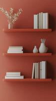 Contemporary wall shelf design with books and decorative elements in a warm toned interior photo