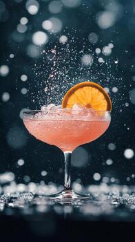 A refreshing cocktail garnished with an orange slice served against a sparkling backdrop photo