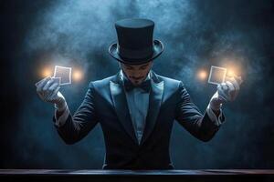 A magician performs a card trick in a dark stage setting with dramatic lighting and smoke photo