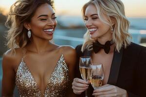 Two friends celebrate with champagne at a sunset gathering on a stylish rooftop balcony photo