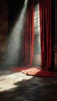 Red velvet curtains illuminated by a spotlight in a wooden theater setting during a performance photo