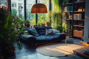 The living room features large windows allowing sunlight to fill the space photo