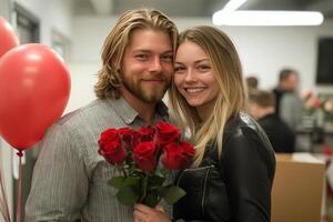 Romantic couple celebrates special occasion with roses and balloons at home in evening light photo