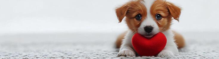 Cute black puppy holding a red heart toy with an adorable expression in a bright setting photo
