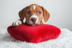 Cute puppy resting on a red cushion in a cozy indoor setting during the day photo