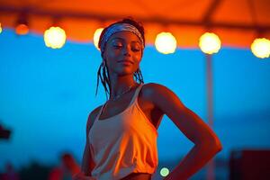 Young woman enjoying an outdoor evening with warm lights during a summer celebration photo