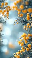 Beautiful yellow flowers blooming against a soft blue backdrop on a calm spring day photo