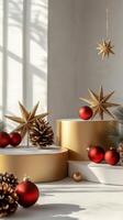 Festive decoration featuring gold and red ornaments with pinecones in a sunlit room photo