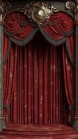 Red velvet curtains illuminated by a spotlight in a wooden theater setting during a performance photo