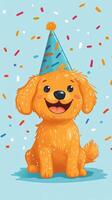 Happy golden retriever wearing a party hat and surrounded by colorful confetti indoors photo