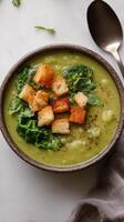 Creamy broccoli soup topped with croutons and fresh herbs served in a rustic bowl photo