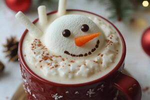 Festive hot beverage topped with whipped cream and decorative snowman features for winter enjoyment photo