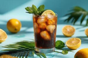 Refreshing iced drink with lemon and mint on a vibrant blue surface during summer afternoon photo