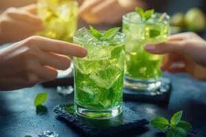 Refreshing mojito cocktails served with fresh mint at a lively gathering in a cozy bar setting photo