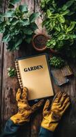 Gardening activities with gloves, plants, and a notebook on a wooden table in early spring photo