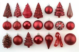 A variety of red Christmas ornaments displayed creatively for festive decoration photo