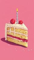 Deliciously layered chocolate cake with cherries on top set against a vibrant pink background photo
