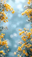 Beautiful yellow flowers blooming against a soft blue backdrop on a calm spring day photo