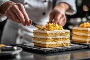 Pastry chef decorating a cake with intricate details in a luxury bakery setting during evening hours photo