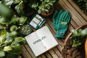 A garden journal rests on an open book surrounded by nature, showcasing gardening notes and tools photo