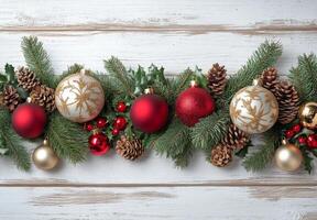 Festive holiday arrangement with ornaments and pinecones on a wooden background photo