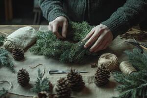 Crafting a natural wreath with pinecones and twine on a wooden table in a cozy workspace photo