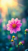 Soft pink dahlia blossoms among vibrant buds in a garden during warm sunlight in spring photo