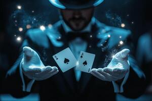 A magician performs a card trick in a dark stage setting with dramatic lighting and smoke photo