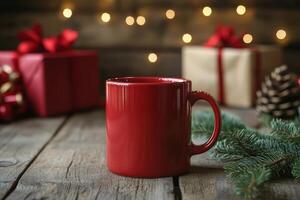 Red ceramic mug on rustic wooden table surrounded by festive decorations and gifts for the holidays photo