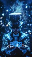 A magician performs a card trick surrounded by shimmering particles in a dimly lit environment photo