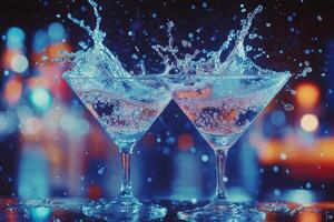 Refreshing cocktails splash in glasses during an elegant evening event at a chic venue photo