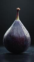 Fresh black figs stacked elegantly with water droplets on a dark surface in soft lighting photo
