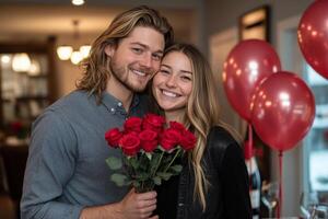 Romantic couple celebrates special occasion with roses and balloons at home in evening light photo