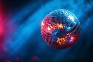 A colorful disco ball reflects vibrant lights in a lively party atmosphere at night photo