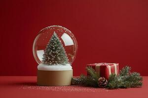A Christmas snow globe with a tree and a gift placed on a festive red background photo