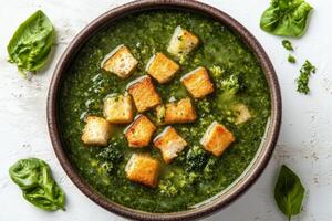 A bowl of creamy broccoli soup topped with croutons and fresh basil leaves photo