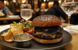 Delicious gourmet burger with fresh toppings served at an upscale restaurant during dinner photo