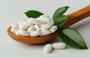 Natural health supplements on a wooden spoon surrounded by green leaves in a tranquil setting photo
