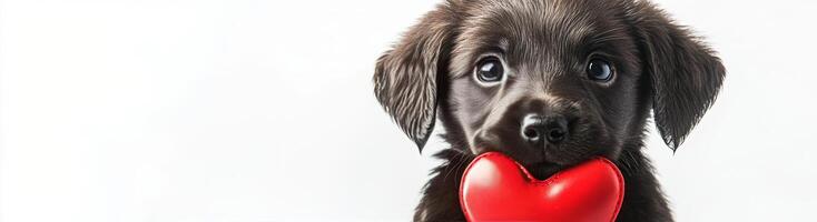 Cute black puppy holding a red heart toy with an adorable expression in a bright setting photo