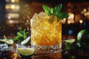 A refreshing cocktail garnished with mint and lime on a bar counter at a vibrant nightlife venue photo