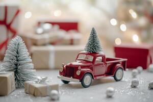 Red toy truck with Christmas tree on top among wrapped presents and holiday decorations photo