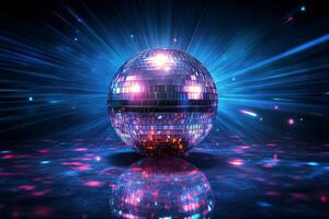 A colorful disco ball reflects vibrant lights in a lively party atmosphere at night photo