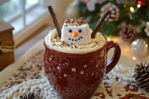 Festive hot beverage topped with whipped cream and decorative snowman features for winter enjoyment photo