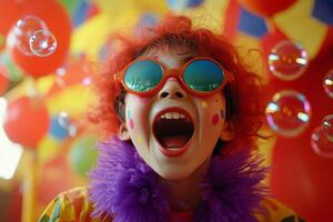 A joyous child dressed as a clown celebrates with colorful sunglasses at a festive event photo