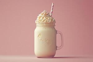 Delicious raspberry milkshake in mason jar with whipped cream on pink background during daylight photo