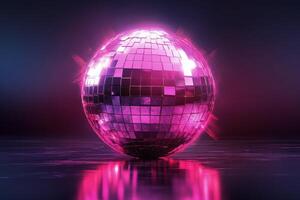 A reflective disco ball in a vibrant forest setting during twilight illuminated by colorful lights photo