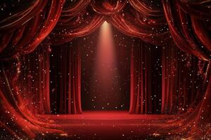 Elegant stage with red curtains and ornate decorations for theatrical performances photo