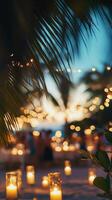 A summer evening gathering with warm lights in a tropical setting surrounded by lush greenery photo